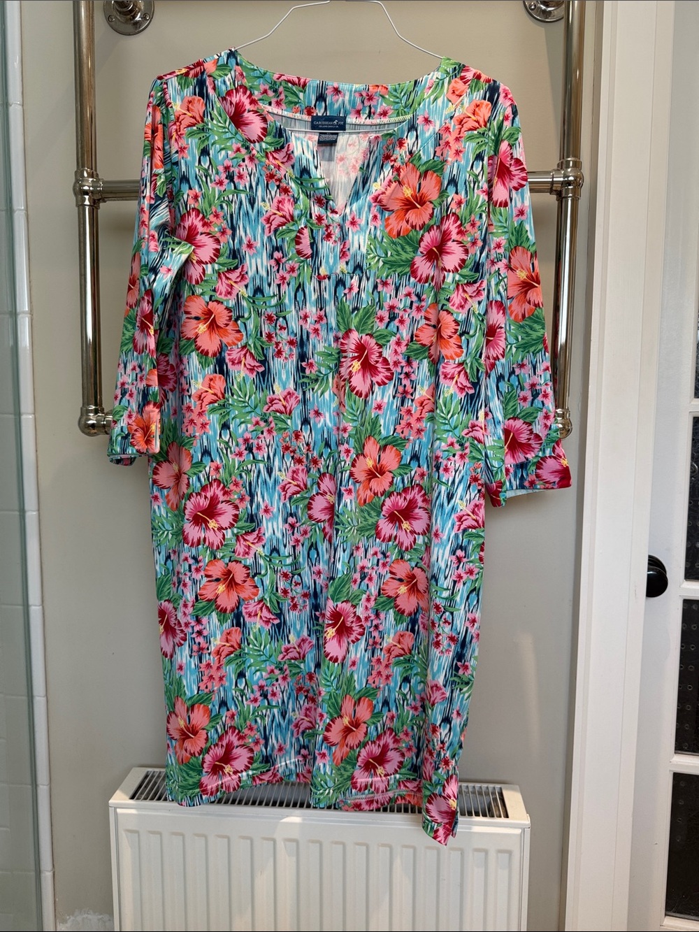 Caribbean Joe Tropical Floral Midi Dress in Blue, Pink and Green